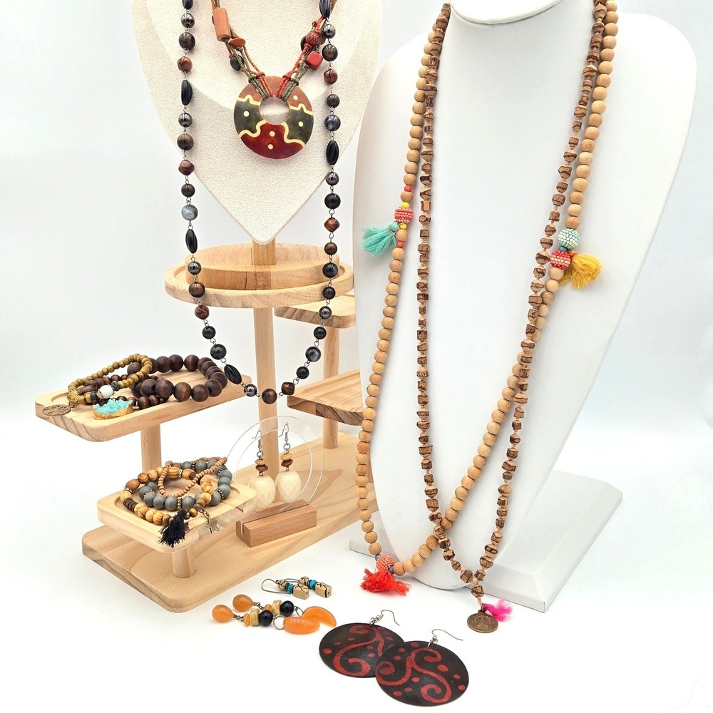 Forest Treasures Jewelry Lot 12pc Wood Stone Boho Necklaces Bracelets‎ Earrings